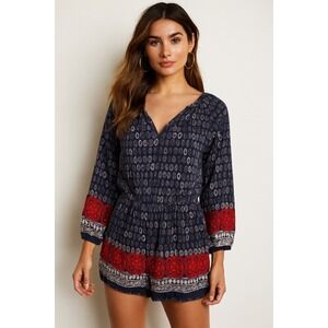 Anthropologie Lilka Boho Paisley Print V Neck Long Sleeve Romper Shorts Blue L